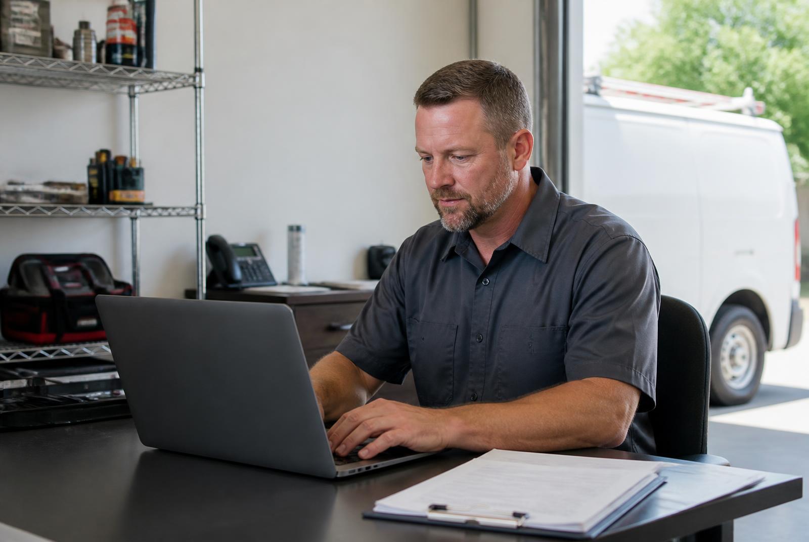 Home-service business owner reviewing an estimate at a laptop